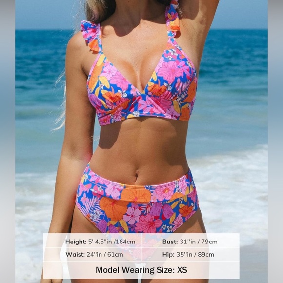 ~Bikini Sets 2 Piece Swimsuit High Waisted Bottom Floral Print Ruffle V Neck~ - Picture 6 of 9